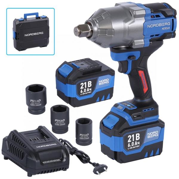 Гайковерт аккумуляторный, 3/4", 21 В, 1500 Нм, 2 аккумулятора 6 A и зарядное устройство, в кейсе NE806K-3/4