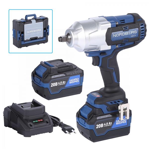 Гайковерт аккумуляторный, 1/2", 20 В, 1700 Нм, 2 аккумулятора 6 A и зарядное устройство, в кейсе NE812K