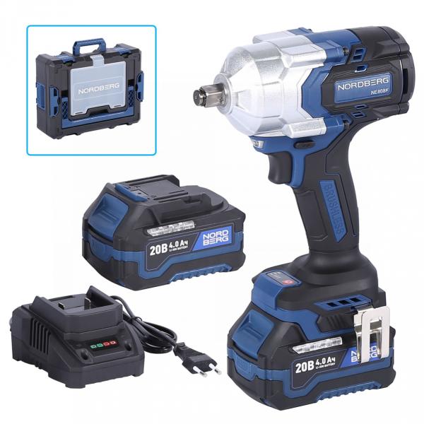 Гайковерт аккумуляторный, 1/2", 20 В, 1000 Нм, 2 аккумулятора 4 A и зарядное устройство, в кейсе NE808K